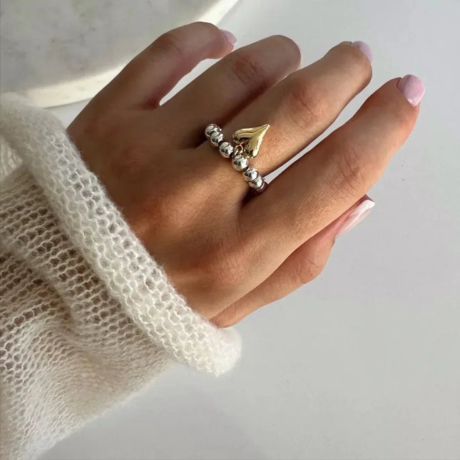 LATS Creative Handmade Beaded Bungee Cord Love Heart Pendant Rings for Women Girl Silver Color CCB Bead Adjustable Ring Jewelry