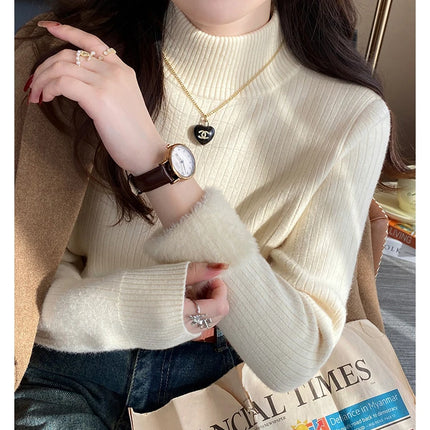 Women's Turtleneck Sweater Winter 2025 Retro with Velvet Lining Thickened Inner Wear Thermal Knitting Bottoming Shirt Pullovers