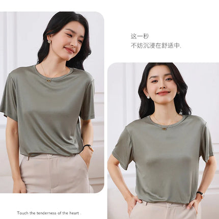 Summer Women's Short Sleeve O-Neck T-Shirt Knitted Acetate Fabric High-End Thin Pullover Top for Ladies