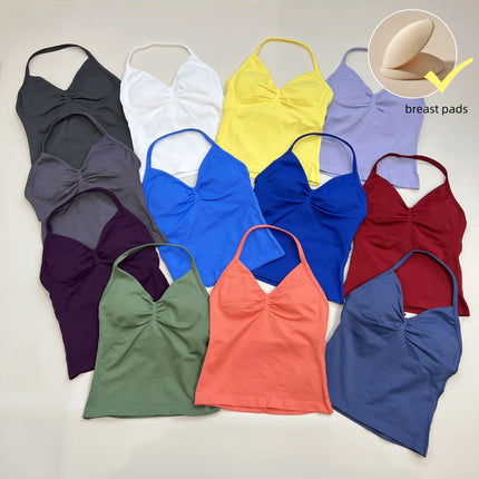 Longline Strappy Gym Top Custom Logo Backless Gym Clothes Women Scrunch Built-in Bra With Removable Cups Yoga Tank Tops