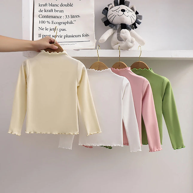 Girls' Long-Sleeve T-Shirt with Ruffle Edges, Soft and Warm Fashion Solid Color Tops, Cute Spring Autumn Casual Shirt for Kids