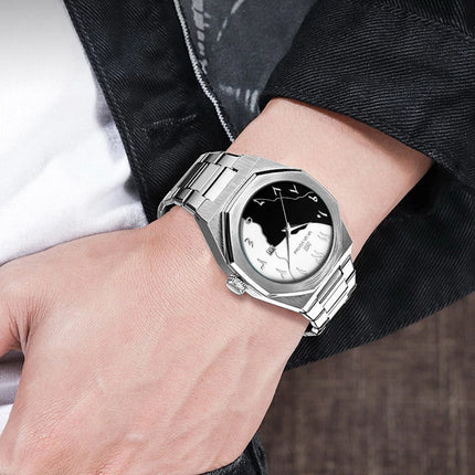 Top Brand Men Watch Marble Dial 42mm Arabic Scale Clock Silver Stainless Steel Quartz Movement Sports Business Wristatch for Men