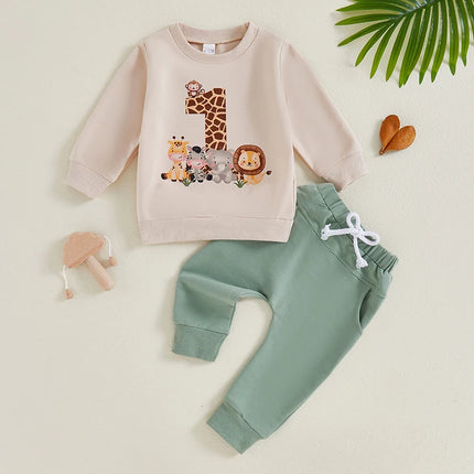 Baby Boy First Birthday Outfit Animal Print Long Sleeve Sweatshirt Elastic Waist Pants 2 Piece Set for Fall