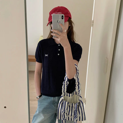 Summer 100% cotton women's T-shirt casual knit pullover short sleeved loose POLO collar Tees Pull luxury brand embroidery Tops