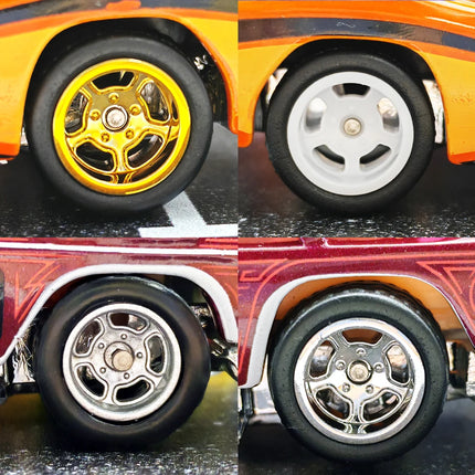 1/64 Front Small and Rear Big Wheels with Detachable Rubber Tires Circular Spoke Refitting Parts for Hotwheels Model Cars 5 Cars