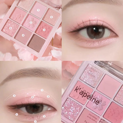 Pink Sakura 9-Color Eyeshadow and Blush Palette, Shimmer and Matte, Embossed Cherry Blossom Design for Makeup Lovers‘s Festival