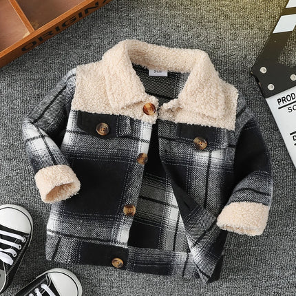 Baby boy fashionable and simple long sleeved plaid patchwork plush jacket for autumn and winter