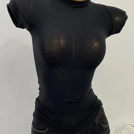 Semi-sheer high-neck T-shirt, Korean style, short-sleeved, slim-fit, elastic, solid inner layering shirt, sexy, for large busts