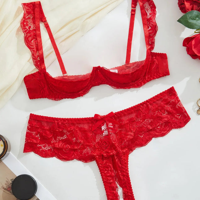 Valentine's Day French sweet two-piece set, red sexy women's half-exposed breast design open crotch panties, floral lace embroid