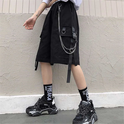 2026 Black Shorts With Chain Summer Casual Fashion Boardshort Bermuda Male Drawstring Elastic Waist With Chain Beach Shorts Men