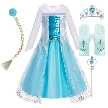 Children Carnival Blue Sequins Elsa Cosplay Dress Girls Elegant Blue Princess Costume Kids Halloween Birthday Party Clothes