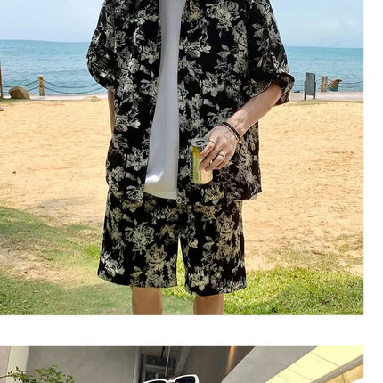 Loose Straight Leg Five-Quarter Beach Pants or Short Sleeve Printed Shirt Beach Travel Men's Fashion Floral Patterned Two-Piece Set
