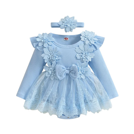 Pudcoco Infant 2-Piece Baby Girls Set 3D Flower Bow Long Sleeve Mesh Dress Romper Headband Adorable Ribbed Outfits 0-18M