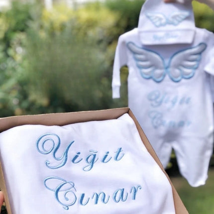 Dollbling Hospital Exit 5pcs Embroidery Name Newborn Angle Wings Romper Blanket  Nursery Bedding Swaddle Handmade Infant Outfit