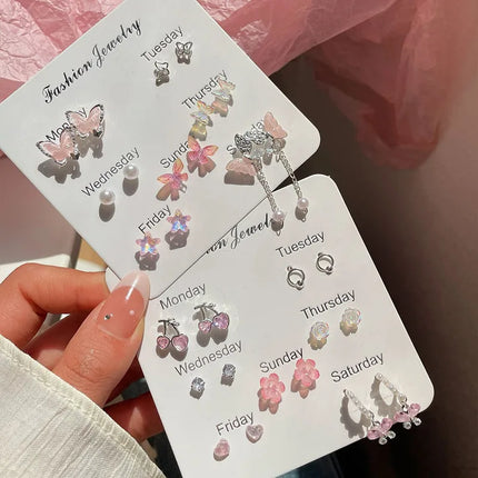 Colorful Flower Butterfly Earrings Seven-piece Set For Women Fashion Personalized Daily Accessory Party Jewelry Birthday Gifts