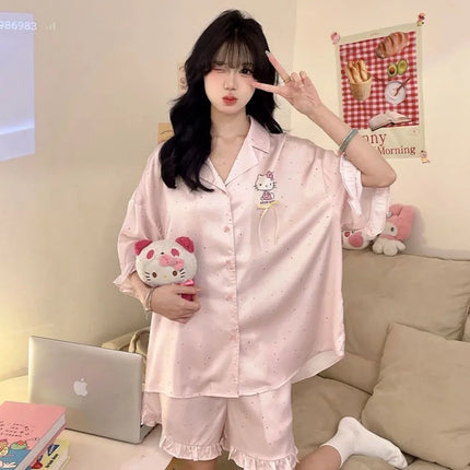 Kawaii Hello Kitty Pajamas Set Sanrio Anime Summer Women Pink polka dots Sleepwear Shorts Cartoon Soft Comfortable Home Clothing