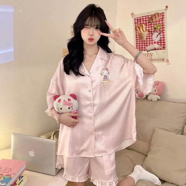 Kawaii Hello Kitty Pajamas Set Sanrio Anime Summer Women Pink polka dots Sleepwear Shorts Cartoon Soft Comfortable Home Clothing