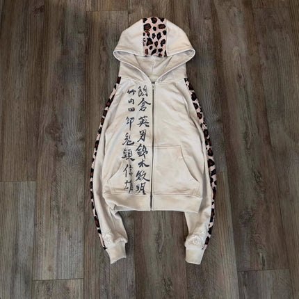 Retro Streetwear Zip Up Hooded Jacket Women Beige Chinese Calligraphy Print Leopard Panel Y2K Casual Oversized Hoodie