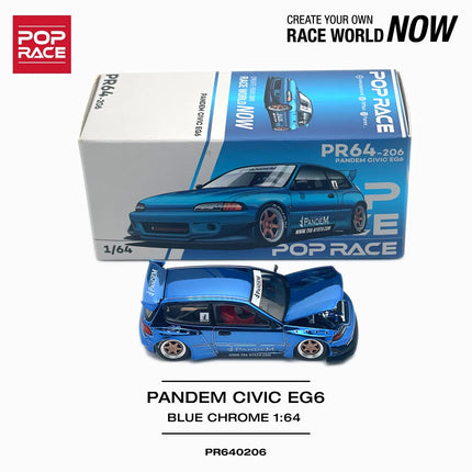 In Stock Pop Race PR640206 1:64 Honda Civic EG6 Pandem Widebody Kit Blue Chrome Diecast Model Car