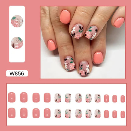 Fresh Flower 24 Pcs Press on Nails Pink Nail polish Glossy Artificial Finger Manicure Reusable False Nails for Women