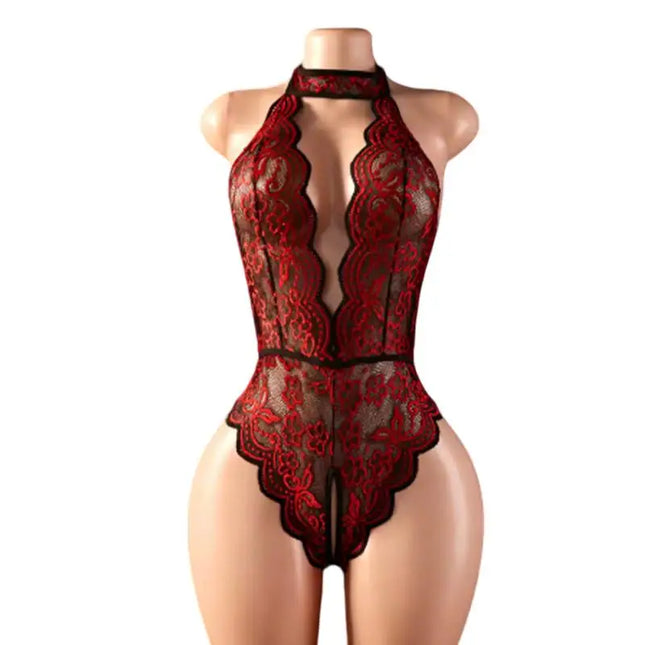 Summer Women's Red Crotchless Lingerie Halter Lace Hollow Backless Bodysuit Erotic Costumes Transparent Deep V Sexy Underwear Sets