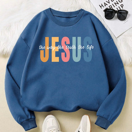 Jesus Color Letter Creative Print Women Sweatshirt Soft Fleece Pullover All-Match Y2K Loose Clothes Autumn Casual Streetwear