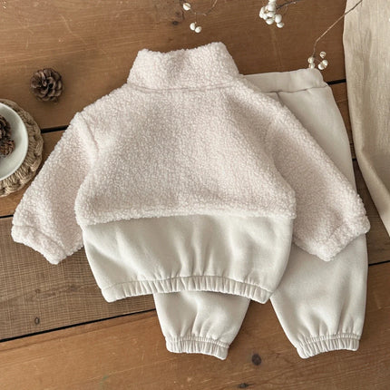 1-3 Year Baby Boy Girls Clothing Set Winter Autumn Lamb Fleece Sweatshirt Pants 2Pc Children Suit Toddler Kid Casual Outfit