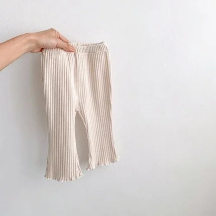 2025 Solid Girl Casual Flared Trousers Stretch Ribbed Wooden Hem Casual Trousers Girls Baby Spring Versatile Cotton Leggings