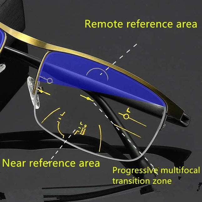 Progressive Multifocal Reading Glasses for Women and Men Anti-Blue Light Half Frame Bifocal Presbyopia Eyeglasses +100 To +400