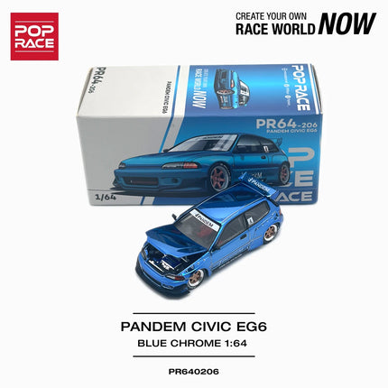 In Stock Pop Race PR640206 1:64 Honda Civic EG6 Pandem Widebody Kit Blue Chrome Diecast Model Car