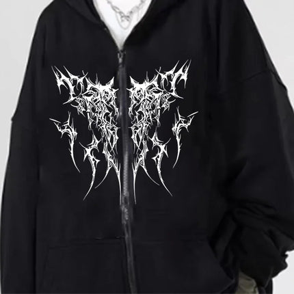 Gothic Printed Zipper Hoodies Women Men Vintage Fashion Hip Hop Y2K Coat Autumn Winter Fleece Long Sleeve Zip-up Hoodies
