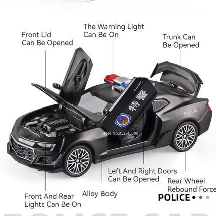 1:32 Scale Camaro Alloy Diecast Model Sports Car Toy Sound Light Doors Opened Police Vehicles Toys for Child Birthday Gifts