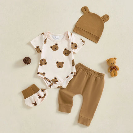 Baby Boy Summer Outfits Bear Print Short Sleeve Round Neck Romper with Pants and Hat Shoes Set