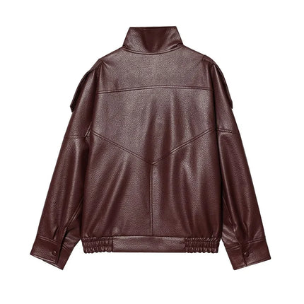 MUJER Black Faux Leather Jackets for Women Outerwears Office Women's Bomber Jacket Snap Button Demi-season Jacket for Women Coat
