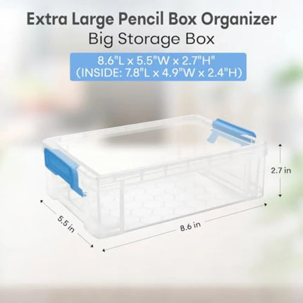 Clear Plastic Pencil Box - Extra Large Stackable with Secure Lid, Hard Storage Organizer Box for Crayons, Markers, Pens, Classr