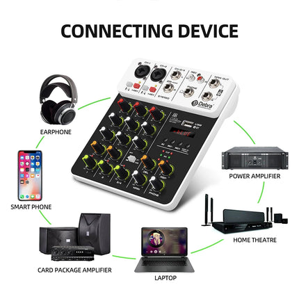 Debra NEW V4 Audio Mixing Console Bluetooth USB Record PC 48V Phantom Power Delay Repaeat Effect 4 Channels USB Audio Mixer.