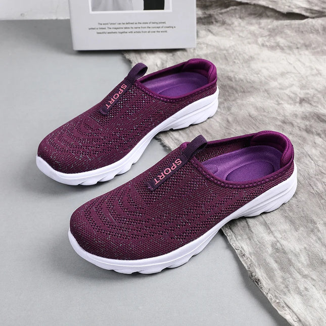 Women's Ultra Light Oversized Running Shoes, Fashionable Fly Woven Breathable Mules Sports Sneakers Plus Size 35-42