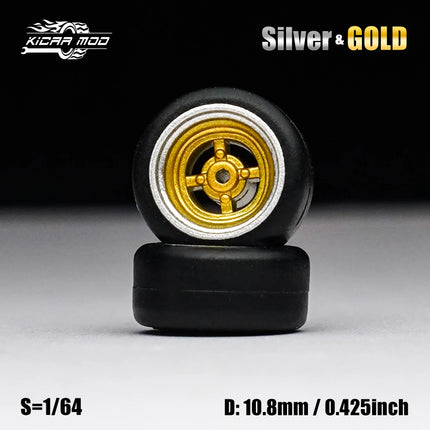 1/64 Model Car Gold and Silver Wheels with Fixed Rubber Tires Comes with Rivets for Diecast Model Refitting Parts for Hot Wheels