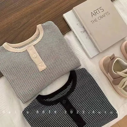 Children's Spring Autumn Long Sleeved T-shirt Boys Girls Korean Striped Children's Base Layer Shirt Baby Simple Top