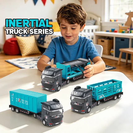 Container Truck Model Diecast Inertial Container Toy Truck Boy Fence Truck Sanitation Truck Semi Trailer Transportation Truck