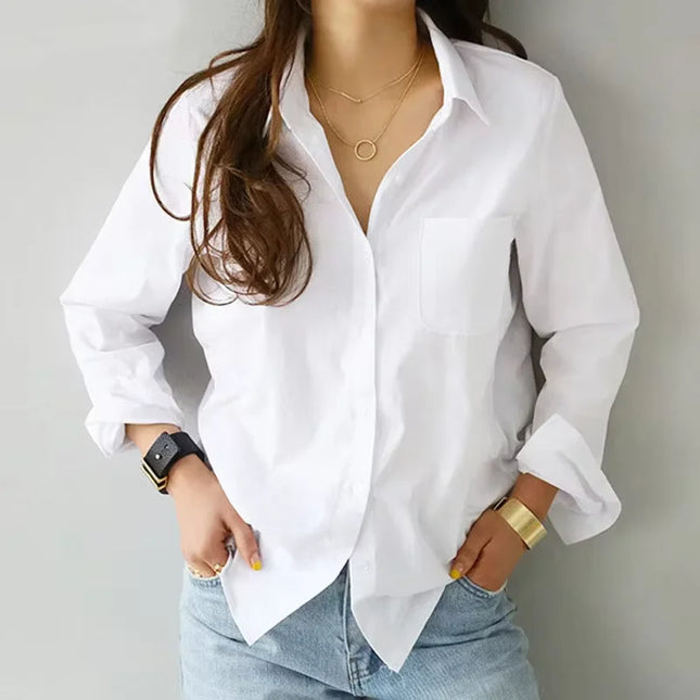 Women's Elegant Office Shirt Fashion Long Sleeve Casual White Blouse Turn-down Collar OL Style Loose Top