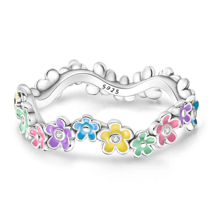 Original 925 Sterling Silver Rings Colorful Oil Drip Flower Rings For Women Girls Jewelry Birthday Anniversary Gifts