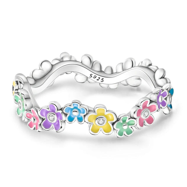 Original 925 Sterling Silver Rings Colorful Oil Drip Flower Rings For Women Girls Jewelry Birthday Anniversary Gifts