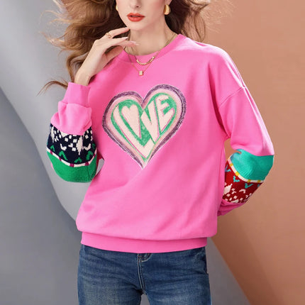 Women’s Pink Knit Patchwork Sweatshirt LOVE Graphic Pullover Casual Straight Fit Color Block Winter Warm Knitted Sleeve Top