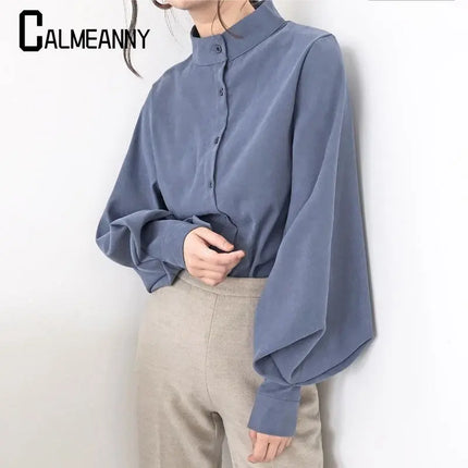 Spring Fashion Women Solid Stand Collar Casual Elegant Fashion Women's Top Clothing Blouse Shirt Lantern Long Sleeve Women's Shirts