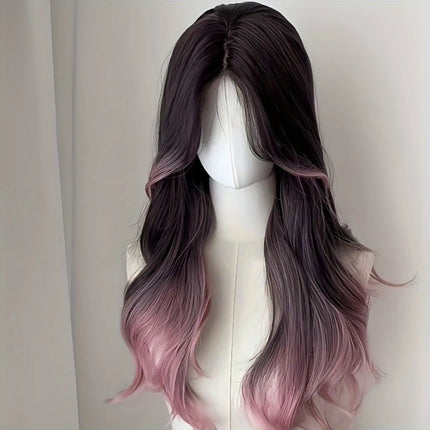 Black to Blue/Pink/Black Ombre Long Wavy Wig Natural Fluffy Body Wave Heat Resistant Synthetic Hair Daily & Party.