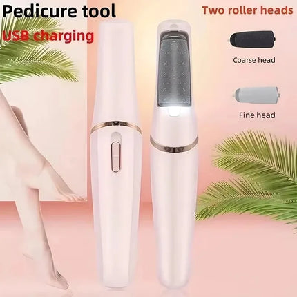 Portable USB Electric Foot File for Pedicure with 2 Removable Roller Heads - Callus & Dead Skin Remover