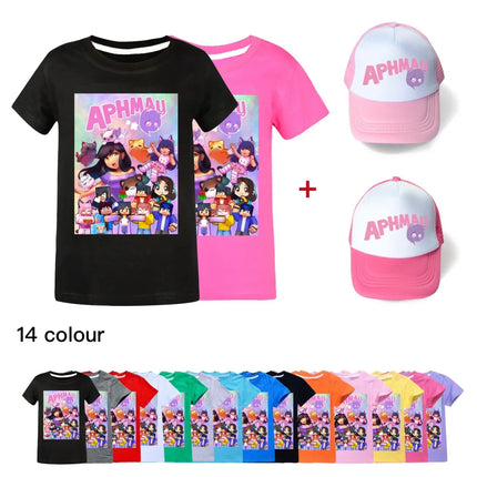 Anime Aphmau Tshit Kids Summer Clothes Baby Girls Cartoon T-Shirt + Sunhat 2pcs Set Boys Short Sleeve Casual Tops Children Tees