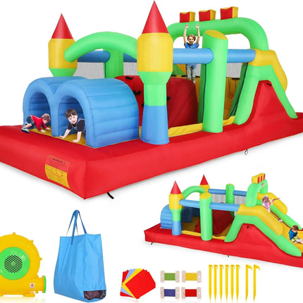KF Inflatable Obstacle Course for Big18 x 8.2FT Kids 3-6 Bounce House Castle Dual Tunnels, Large Slide, Climbing, Obstacles
