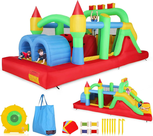 KF Inflatable Obstacle Course for Big18 x 8.2FT Kids 3-6 Bounce House Castle Dual Tunnels, Large Slide, Climbing, Obstacles